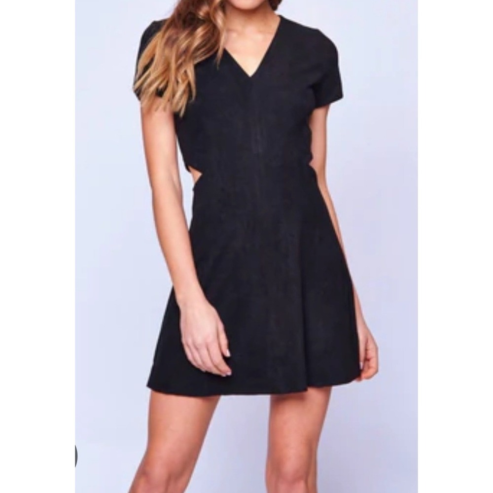 New Friends Colony Mini Dress Women M Black Faux Suede Cutout VNeck Short Sleeve